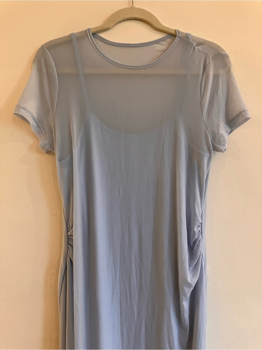 Maternity form fitting rutched midi baby blue dress with scalloped hem by SHEIN - Picture 3 of 8